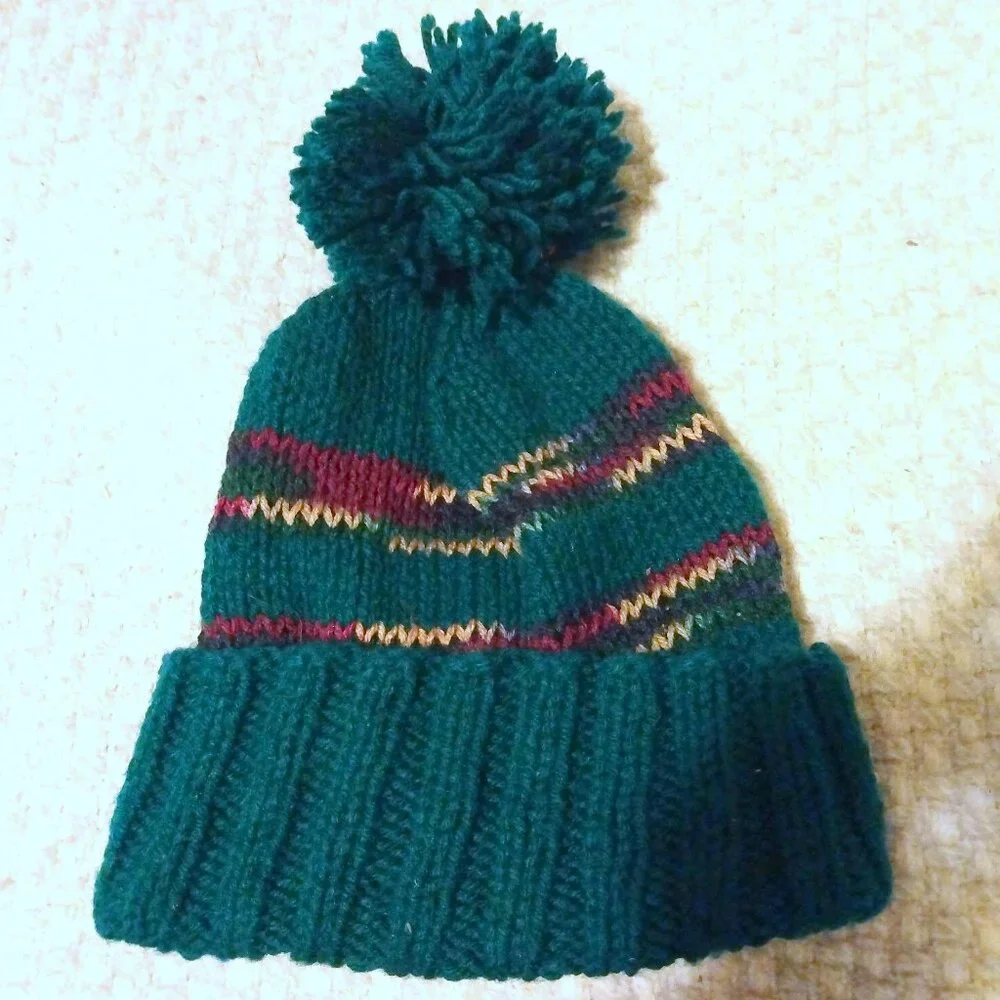 Forest Green Striped Knit Ribbed Pom-Pom Beanie Hat Cap OS Cozycore Cabincore